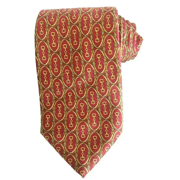 Italy Tie Equestrian Horse Bits Gold Red Necktie Silk Ties 57" - Picture 2 of 5